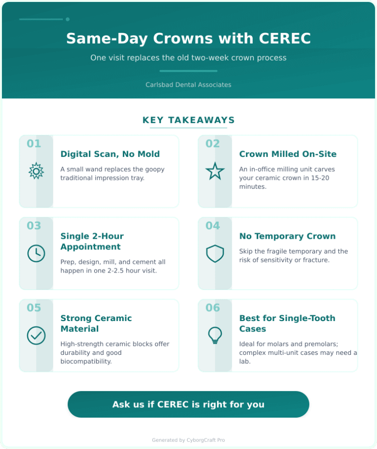 Infographic: Same-Day Crowns Are Real: How CEREC Replaces Two Weeks and a Goopy Mold in One Visit - Key concepts and takeaways