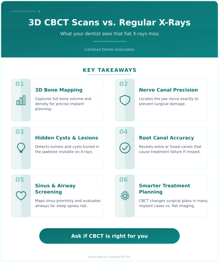Infographic: Why Your Dentist Took a 3D CBCT Scan - And What It Catches That X-Rays Miss - Key concepts and takeaways