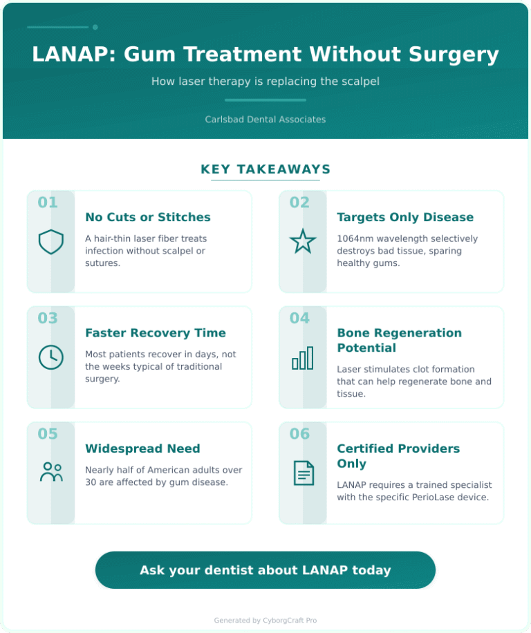 Infographic: LANAP Laser Gum Treatment: No Cutting, No Stitches, and Why It's Replacing the Scalpel - Key concepts and takeaways